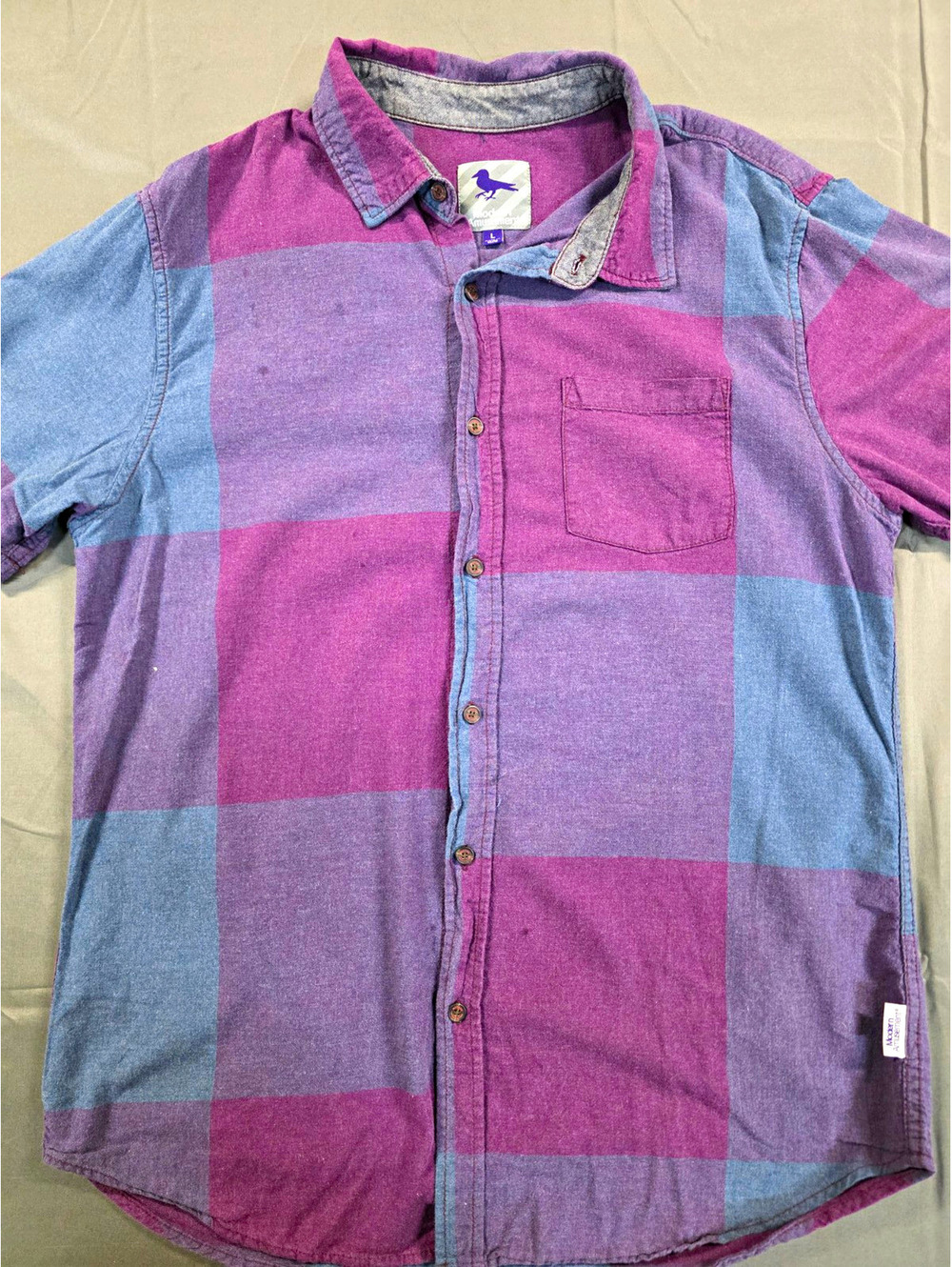Modern Amusement Plaid Short Sleeve Button-Up Shirt Purple Blue Cotton L